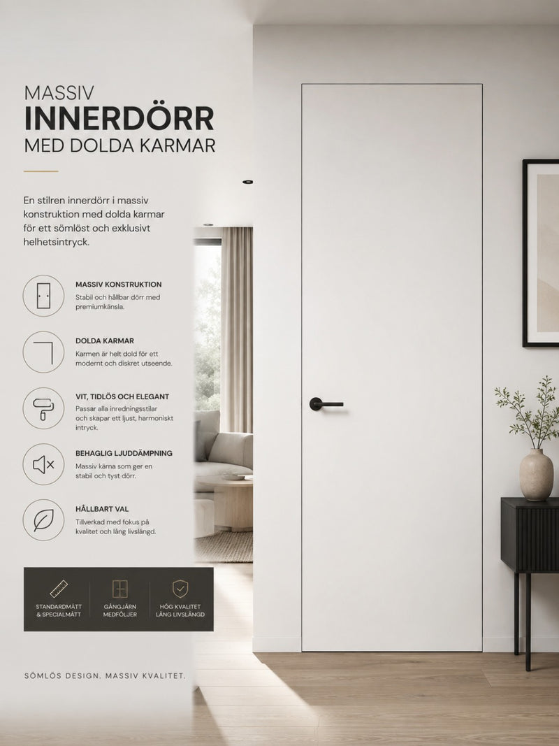 Vit massiv innerdörr med dold karm – miljöillustration, handtag ingår inte
